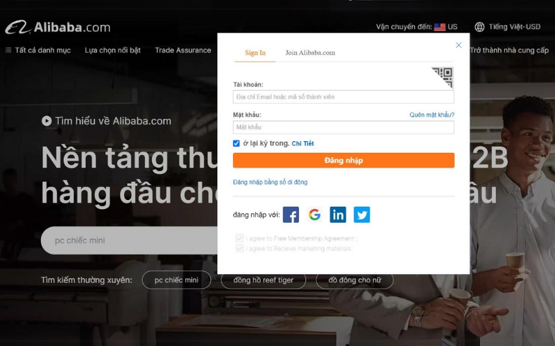 Đăng ký và đăng nhập tài khoản đã tạo trên Alibaba